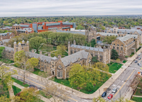 Overhead view of college campus buildings